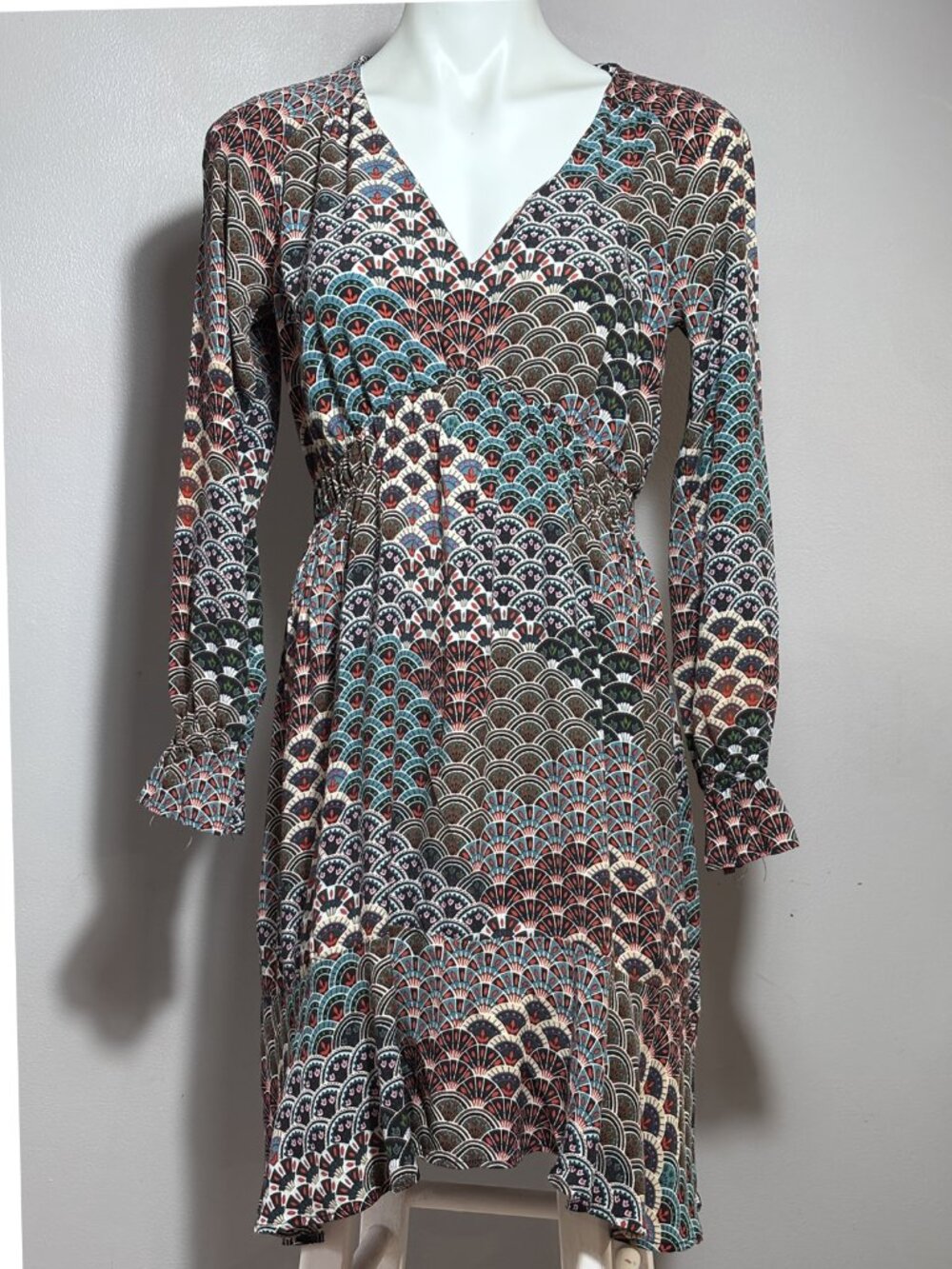 Anthropologie Maeve Empire Fan Print Peacock Dress Empire Waist Midi